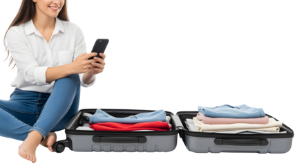Young Woman Packing Suitcase and Using Smartphone for Travel Planning