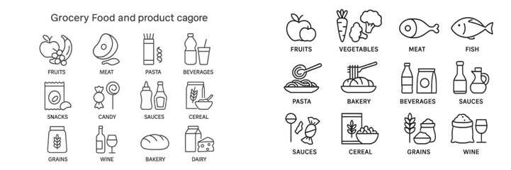 Grocery food categories illustrated with simple icons for clear understanding of items and their types