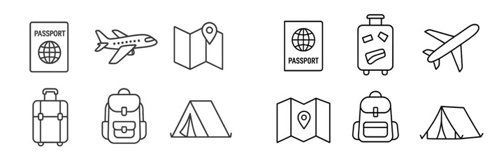 Travel essentials for planning an adventure including passport, maps, luggage, and backpacks displayed as line icons