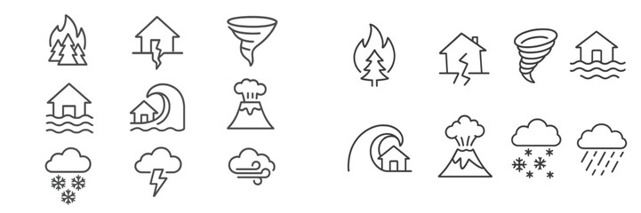 Collection of weather and natural disaster symbols illustrating various environmental phenomena and occurrences