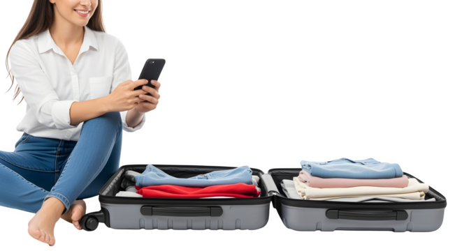 Young Woman Packing Suitcase and Using Smartphone for Travel Planning