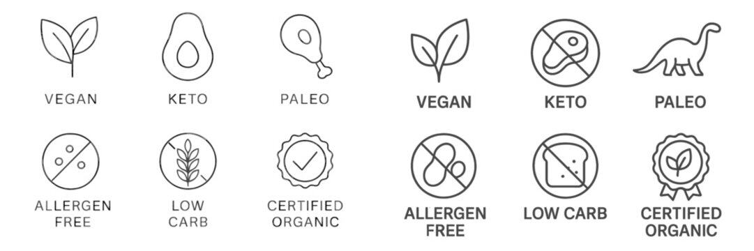 Various dietary icons representing vegan, keto, and paleo lifestyles along with certification symbols - Powered by Adobe