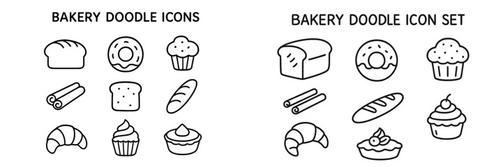 Bakery doodle icon set featuring various baked goods in simple style