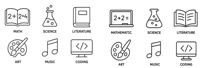 Educational symbols representing various subjects including math, science, literature, art, music, and coding displayed in a grid layout
