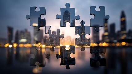 Puzzle pieces reveal city skyline at night. Illustrates connection, integration, solutions, partnership. Use for business, marketing, web design.