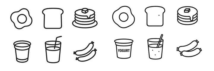 Breakfast options including eggs, toast, pancakes, and yogurt served in a simple layout on a white background