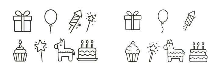 Cheerful party icons featuring gifts, balloons, and festive decorations for celebrations