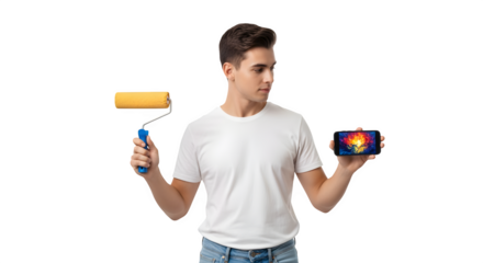 Man Holding Paint Roller and Smartphone Isolated on White Background