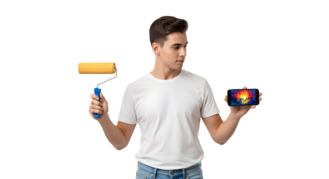 Man Holding Paint Roller and Smartphone Isolated on White Background - Powered by Adobe