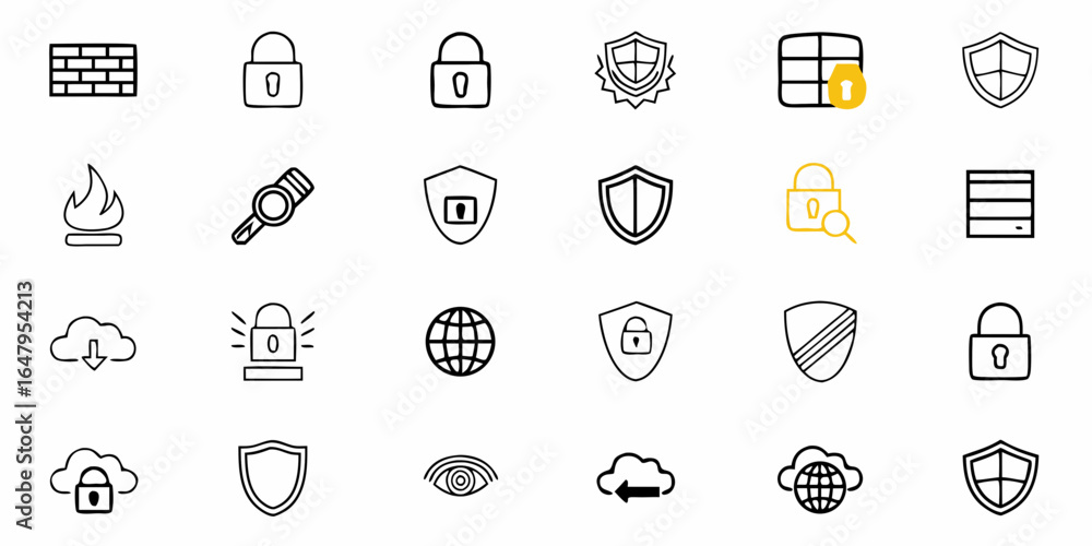 Poster illustration of security and network icons including firewalls and locks in a vector graphic style