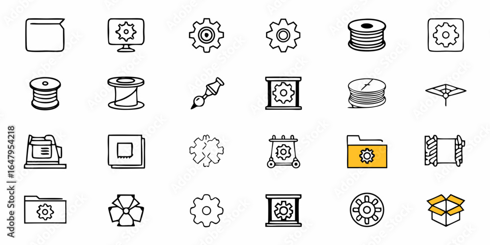 Poster illustration of various mechanical and office icons in a simple outline style drawing style image