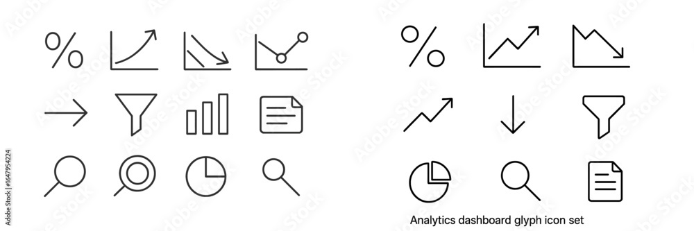 Poster set of glyph icons for analytics dashboard displaying various data visualization elements and metric