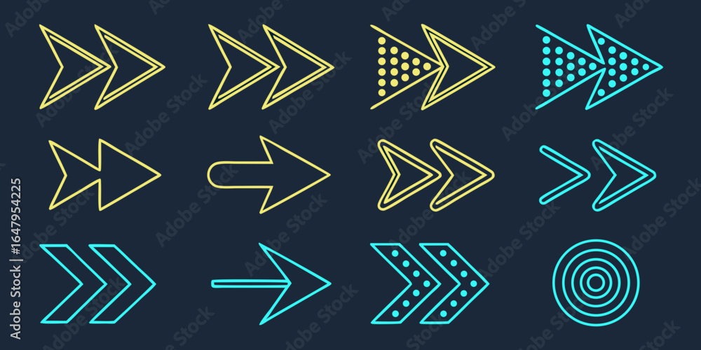 Poster illustration of twelve arrows with different styles pointing right on a dark blue background design 