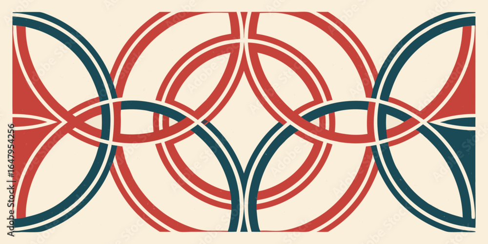 Poster interwoven circles in red and blue create a geometric pattern on a cream colored background design a