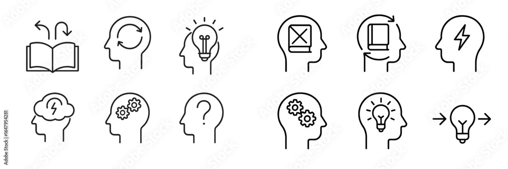 Poster exploring ideas and creativity through thought symbols and illustrations in a minimalist design