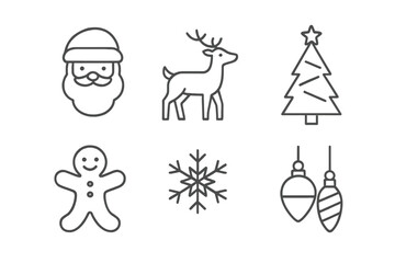 Christmas themed illustrations featuring Santa Claus, a reindeer, a Christmas tree, a gingerbread man, snowflakes, and ornaments