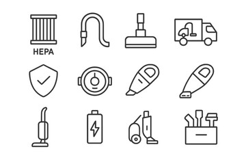 Various cleaning tools and equipment displayed in a flat design layout with HEPA filter details included