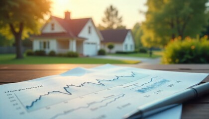 Concept illustration of a calm steady housing market with static mortgage rate graphs peaceful suburban homes and financial documents conveying stability and lack of significant