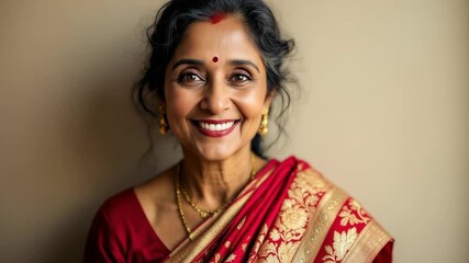 Cheerful indian woman with red lips wearing traditional red sari dress and gold jewelry, showing a toothy smile