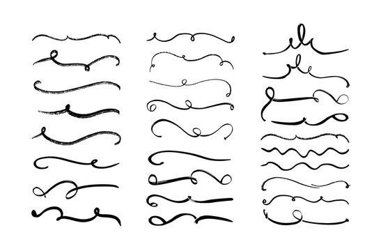 Hand drawn decorative line collection. Cute waves, romantic borders. Wedding invitation or birthday card. Whimiscal style vector isolated design