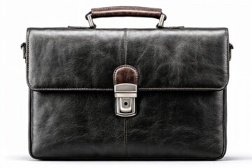 Isolated leather business briefcase with a single handle and lock