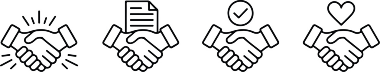 bold handshake icons set with agreement, approval, and trust symbols in black