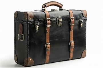 An aged brown leather briefcase with a brass lock and sturdy handle sits on a white surface