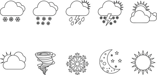 Weather icons set, cloud sun moon snow rain storm symbols, forecast graphic design elements for apps