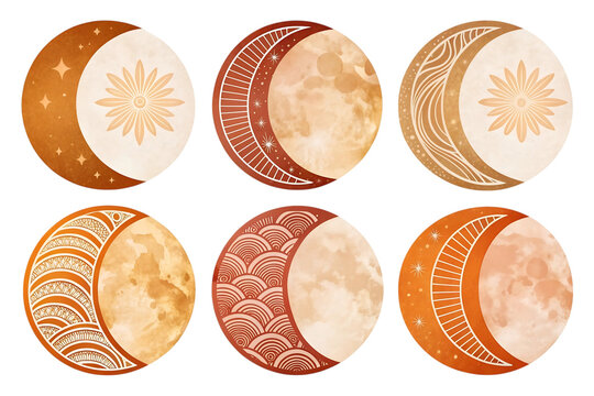 Bohemian Celestial Moon Phases Illustrations with Star Accents and Earthy Tones for Mystical Designs