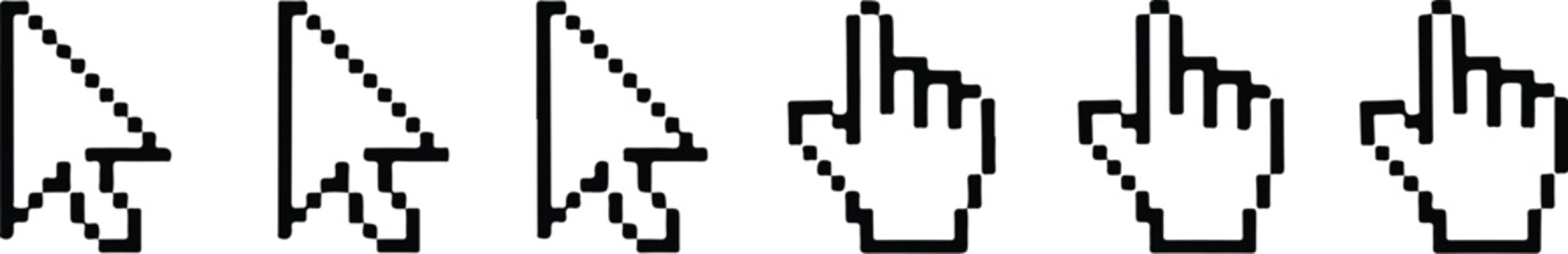 Pixelated computer cursor and hand pointer icons in retro style for navigation and selection