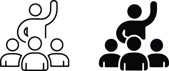 Outline and solid team icons showing leader raising hand among group of three people