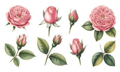 Watercolor pink rose flowers with leaves stems and branches. Botanical  pink roses with petals, buds, and foliage.