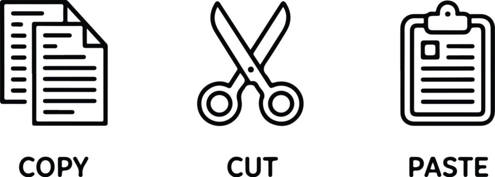 copy cut paste icon set with document and clipboard symbols in line style