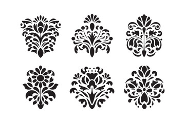 Collection of six black ornate floral damask design elements