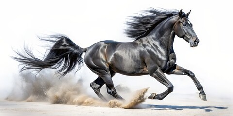 Obraz premium Black Stallion in Motion - A majestic black horse with flowing mane and tail gallops across a sandy beach, leaving a trail of dust in its wake. , horse , stallion , gallop , motion