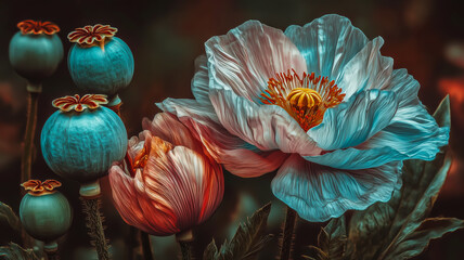 Fantastic abstract floral botanical pattern of blooming poppies, background for textile prints or wallpaper, vintage decor concept in Art Nouveau style