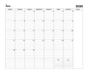 June 2026 Minimalist Printable Calendar Page with Notes Section
