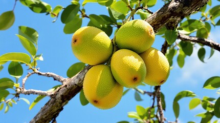 Ripe Yellow Fruit Cluster on Tree Branch Against Bright Blue Sky with Green Leaves and Textured Bark Sunlight