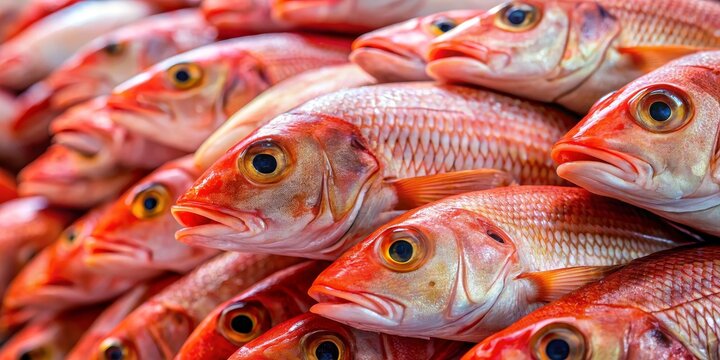Close-up of Red Snapper Fish Eyes, Stacked and Ready to Cook, Seafood Market, Fishmonger, Red Snapper, Fresh Catch