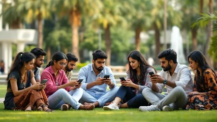 Young indian students are using smartphones sitting on grass in a park, sharing content and enjoying their free time - Powered by Adobe