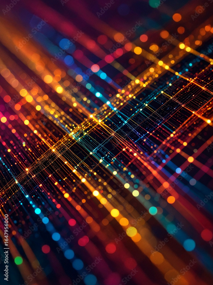 Poster a dynamic and energetic abstract image of vibrant, interconnected light trails and glowing particles
