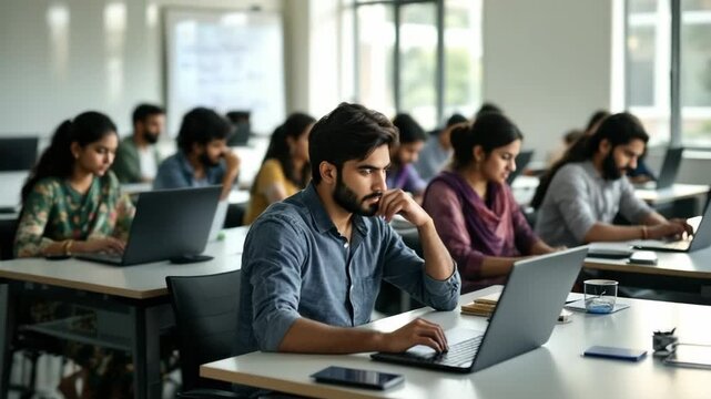 Young Indian students engaged in learning programming languages while using laptops in a university classroom, focusing on skill development - Powered by Adobe