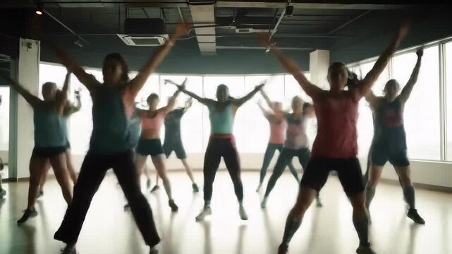 Energetic group exercise session in modern fitness studio with fullbody workout routine
