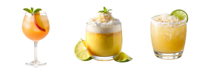 Three refreshing tropical cocktails garnished with mint and lime on a black background