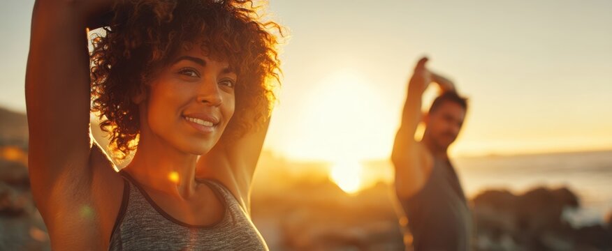 The Woman Stretching at Sunrise on a Rocky Beach with a Smiling Partner