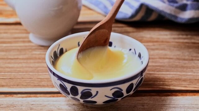 Pouring condensed milk in a bowl over wooden background