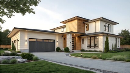 Stunning contemporary home design with modern curb appeal at dusk