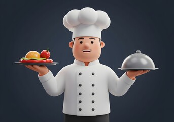 Cartoon Chef Character Holding Two Plates of Food, Ready to Serve Delicious Meals in a Studio Setting