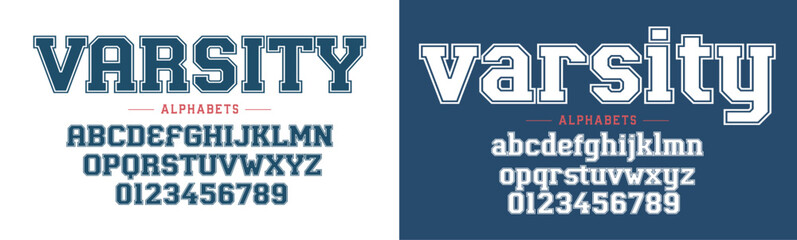 Varsity Uppercase Lower font. Vintage sport serif font in american style for football, soccer, baseball and basketball. Alphabet and numbers with outline in varsity style
