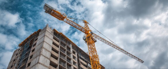 The Tower Crane Looming Over Partially Built Concrete Apartment Building Under Moody Sky